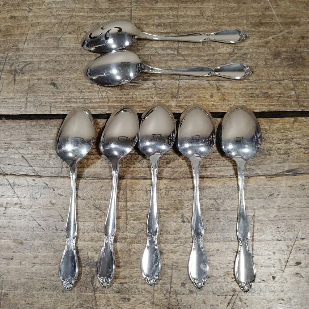 Seven Oneida Community Chatelaine Serving Spoons Stainless One Slotted Flatware